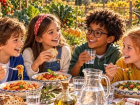 Quattro bambini condividono un pasto con pasta, legumi, frutta, verdura e acqua, sotto il titolo “Festeggiamo l’alimentazione!”.