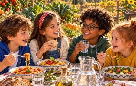 Quattro bambini condividono un pasto con pasta, legumi, frutta, verdura e acqua, sotto il titolo “Festeggiamo l’alimentazione!”.
