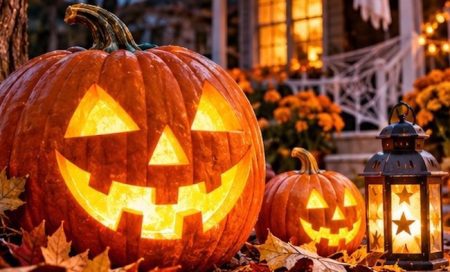 Zucca di Halloween illuminata davanti a una casa decorata per la festa, con il titolo Dolcetto, scherzetto... anche quest'anno Halloween!