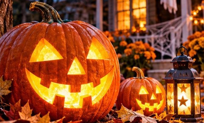 Zucca di Halloween illuminata davanti a una casa decorata per la festa, con il titolo Dolcetto, scherzetto... anche quest'anno Halloween!