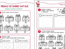 Scheda di logica di Natale in due pagine con esercizi sui regali quadrati e rettangolari