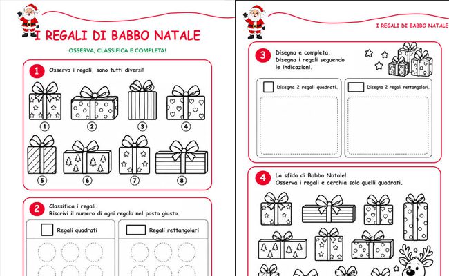 Scheda di logica di Natale in due pagine con esercizi sui regali quadrati e rettangolari