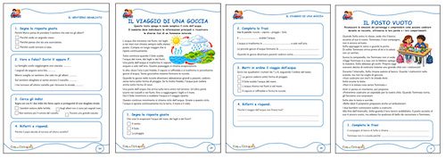 Anteprima di quattro schede del kit di comprensione del testo classe seconda, con racconti, domande ed esercizi da stampare.