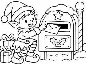Elfo di Natale che imbuca una letterina in una grande cassetta postale natalizia, con due pacchi regalo, da colorare
