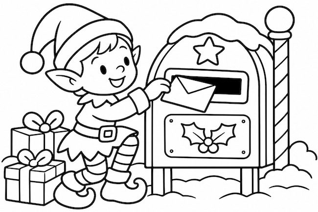 Elfo di Natale che imbuca una letterina in una grande cassetta postale natalizia, con due pacchi regalo, da colorare