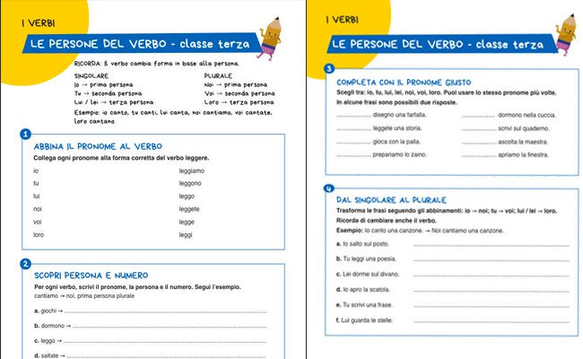 Anteprima della scheda sulle persone del verbo per la classe terza, con esercizi su persona e numero