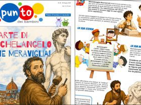 Copertina e pagina interna del PDF su Michelangelo per bambini, con illustrazioni dell’artista e del David