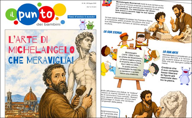 Copertina e pagina interna del PDF su Michelangelo per bambini, con illustrazioni dell’artista e del David