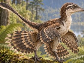 Ricostruzione illustrata di un Norellraptor piumato su un ramo, con ali sulle zampe anteriori e posteriori.