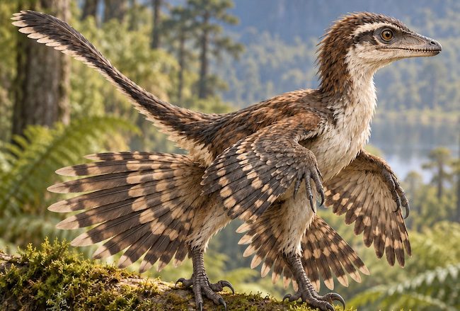 Ricostruzione illustrata di un Norellraptor piumato su un ramo, con ali sulle zampe anteriori e posteriori.