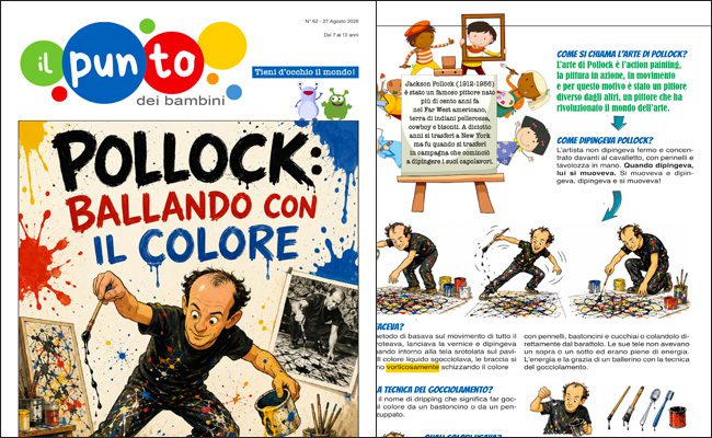 Anteprima del PDF su Pollock per bambini, con copertina e pagina illustrata dedicata al dripping.