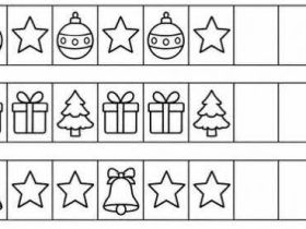 Tre righe della scheda Ritmi di Natale con palline, stelle, regali, alberelli e campane e caselle vuote da completare.