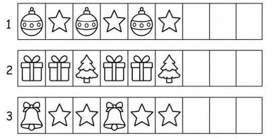 Tre righe della scheda Ritmi di Natale con palline, stelle, regali, alberelli e campane e caselle vuote da completare.