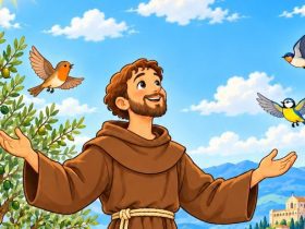 San Francesco in stile cartone animato, circondato da animali e fiori, con il sole, la luna e Assisi sullo sfondo.