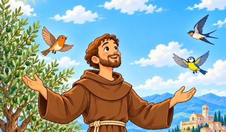 San Francesco in stile cartone animato, circondato da animali e fiori, con il sole, la luna e Assisi sullo sfondo.