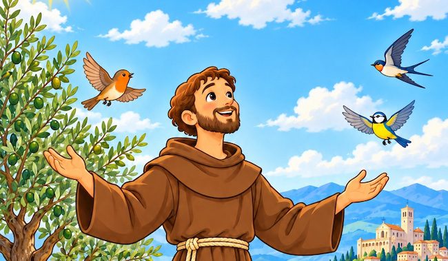 San Francesco in stile cartone animato, circondato da animali e fiori, con il sole, la luna e Assisi sullo sfondo.