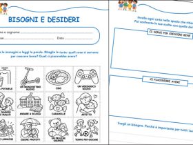 Anteprima delle due pagine della scheda Bisogni e desideri, con carte illustrate da ritagliare e riquadri per classificarle.