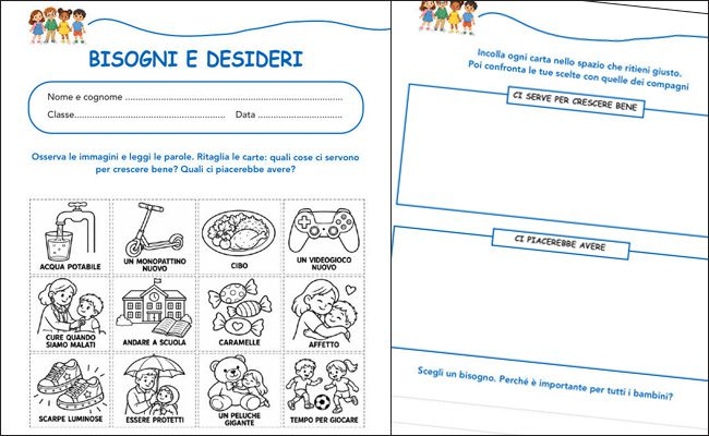 Anteprima delle due pagine della scheda Bisogni e desideri, con carte illustrate da ritagliare e riquadri per classificarle.