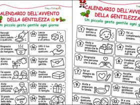 Calendario dell'Avvento della gentilezza da stampare con 24 gesti gentili e disegni da colorare