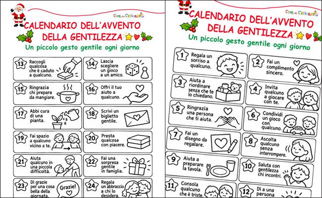 Calendario dell'Avvento della gentilezza da stampare con 24 gesti gentili e disegni da colorare