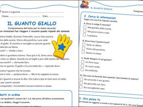 Anteprima delle due pagine della scheda Il guanto giallo, con lettura ed esercizi di comprensione per la classe seconda.