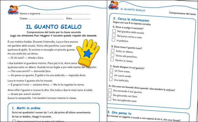 Anteprima delle due pagine della scheda Il guanto giallo, con lettura ed esercizi di comprensione per la classe seconda.