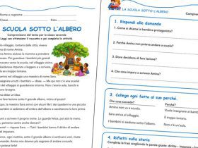 Maestra e bambini che fanno lezione sotto un grande albero, illustrazione del racconto La scuola sotto l'albero per la classe seconda
