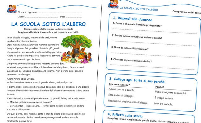 Maestra e bambini che fanno lezione sotto un grande albero, illustrazione del racconto La scuola sotto l'albero per la classe seconda