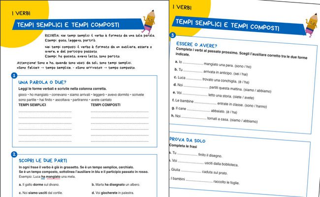 Anteprima delle due pagine di esercizi sui tempi semplici e composti, con attività sui verbi e sugli ausiliari essere e avere.